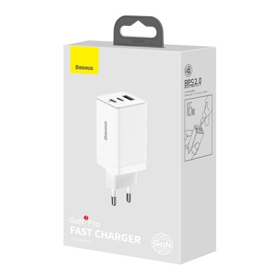 Зарядное устройство BASEUS GaN3 Pro USB+2*USB-C + Кабель Type-C-Type-C, 3A, 65W, белый, с кабелем Зарядное устройство BASEUS GaN3 Pro USB+2*USB-C + Кабель Type-C-Type-C, 3A, 65W, белый, с кабелем