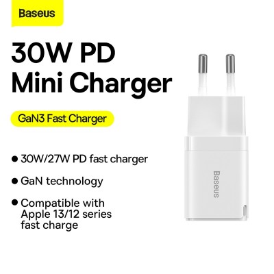 Зарядное устройство BASEUS GaN3 USB-C, 3A, 30W, белый Зарядное устройство BASEUS GaN3 USB-C, 3A, 30W, белый