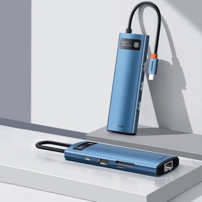 Переходник/Адаптер BASEUS Metal Gleam Series 8-in-1, Разветвитель, Type-C - USB3.0+PD+4K HDMI+SD/TF+RJ45, синий Переходник/Адаптер BASEUS Metal Gleam Series 8-in-1, Разветвитель, Type-C - USB3.0+PD+4K HDMI+SD/TF+RJ45, синий