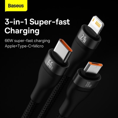 Кабель USB BASEUS Flash Series Ⅱ One-for-three, USB - Lightning+MicroUSB+Type-C, 6A, 1,2м, черный Кабель USB BASEUS Flash Series Ⅱ One-for-three, USB - Lightning+MicroUSB+Type-C, 6A, 1,2м, черный