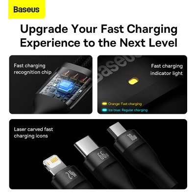 Кабель USB BASEUS Flash Series Ⅱ One-for-three, USB - Lightning+MicroUSB+Type-C, 6A, 1,2м, черный Кабель USB BASEUS Flash Series Ⅱ One-for-three, USB - Lightning+MicroUSB+Type-C, 6A, 1,2м, черный