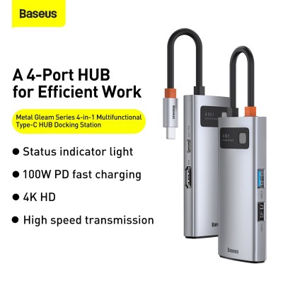 Переходник/Адаптер BASEUS Metal Gleam Series 4-in-1, Разветвитель, Type-C - USB3.0 + USB2.0 + HDMI + PD, серый Переходник/Адаптер BASEUS Metal Gleam Series 4-in-1, Разветвитель, Type-C - USB3.0 + USB2.0 + HDMI + PD, серый