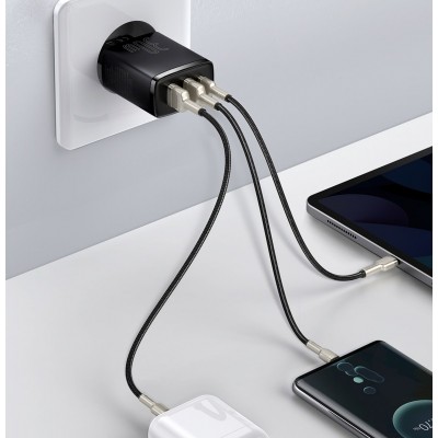 Зарядное устройство BASEUS Compact Quick Charger 2*USB+USB-C, 3A, 30W, черный Зарядное устройство BASEUS Compact Quick Charger 2*USB+USB-C, 3A, 30W, черный