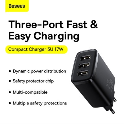 Зарядное устройство BASEUS Compact Charger 3U 3*USB, 3.4A, 17W, черный Зарядное устройство BASEUS Compact Charger 3U 3*USB, 3.4A, 17W, черный