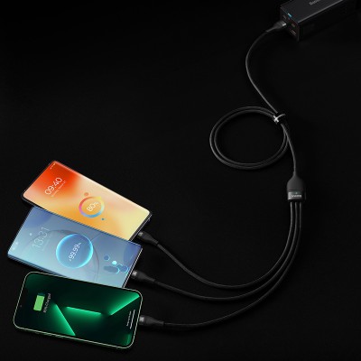 Кабель USB BASEUS Flash Series Ⅱ One-for-three, USB - Lightning+MicroUSB+Type-C, 6A, 1,2м, черный Кабель USB BASEUS Flash Series Ⅱ One-for-three, USB - Lightning+MicroUSB+Type-C, 6A, 1,2м, черный