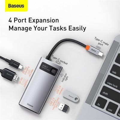 Переходник/Адаптер BASEUS Metal Gleam Series 4-in-1, Разветвитель, Type-C - USB3.0 + USB2.0 + HDMI + PD, серый Переходник/Адаптер BASEUS Metal Gleam Series 4-in-1, Разветвитель, Type-C - USB3.0 + USB2.0 + HDMI + PD, серый