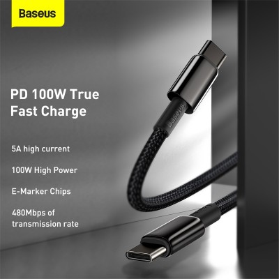 Кабель USB-C BASEUS Tungsten Gold, Type-C - Type-C, 5A, 2 м, черный Кабель USB-C BASEUS Tungsten Gold, Type-C - Type-C, 5A, 2 м, черный