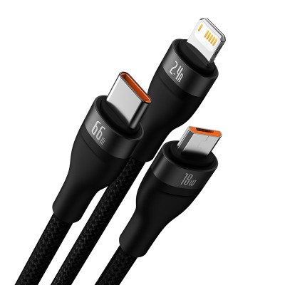 Кабель USB BASEUS Flash Series Ⅱ One-for-three, USB - Lightning+MicroUSB+Type-C, 6A, 1,2м, черный Кабель USB BASEUS Flash Series Ⅱ One-for-three, USB - Lightning+MicroUSB+Type-C, 6A, 1,2м, черный