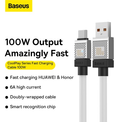 Кабель USB BASEUS CoolPlay Series Fast Charging, USB - Type-C, 100W, 1 м, белый Кабель USB BASEUS CoolPlay Series Fast Charging, USB - Type-C, 100W, 1 м, белый