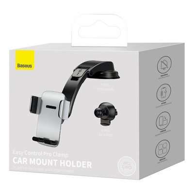 Автомобильный держатель BASEUS Easy Control Pro Clamp (a set), серебряный, на воздуховод+приборную панель Автомобильный держатель BASEUS Easy Control Pro Clamp (a set), серебряный, на воздуховод+приборную панель