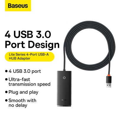 Переходник/Адаптер BASEUS Lite Series 4-Port, Разветвитель, USB - 4xUSB3.0, черный, кабель 2м Переходник/Адаптер BASEUS Lite Series 4-Port, Разветвитель, USB - 4xUSB3.0, черный, кабель 2м