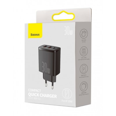 Зарядное устройство BASEUS Compact Quick Charger 2*USB+USB-C, 3A, 30W, черный Зарядное устройство BASEUS Compact Quick Charger 2*USB+USB-C, 3A, 30W, черный