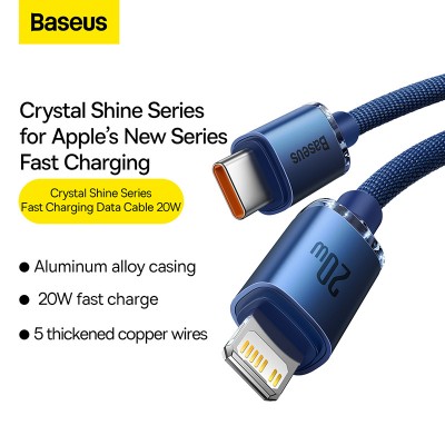 Кабель USB-C BASEUS Crystal Shine Series Fast Charging, Type-C - Lightning, 20W, 2 м, синий Кабель USB-C BASEUS Crystal Shine Series Fast Charging, Type-C - Lightning, 20W, 2 м, синий