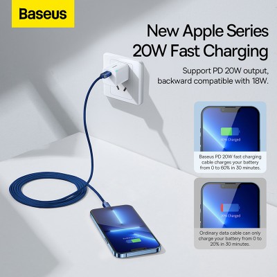 Кабель USB-C BASEUS Crystal Shine Series Fast Charging, Type-C - Lightning, 20W, 2 м, синий Кабель USB-C BASEUS Crystal Shine Series Fast Charging, Type-C - Lightning, 20W, 2 м, синий