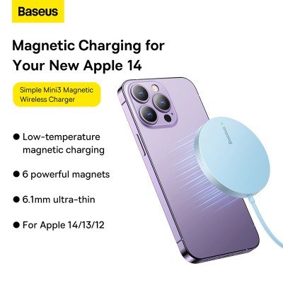 Беспроводное зарядное устройство BASEUS Simple Mini3 Magnetic Wireless Charger + Кабель Type-C, 2A, 15W, синий Беспроводное зарядное устройство BASEUS Simple Mini3 Magnetic Wireless Charger + Кабель Type-C, 2A, 15W, синий