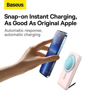 Портативный аккумулятор BASEUS Magnetic Bracket Wireless Charging 20W, 3A, 10000 мА⋅ч, розовый, с беспроводной зарядкой Портативный аккумулятор BASEUS Magnetic Bracket Wireless Charging 20W, 3A, 10000 мА⋅ч, розовый, с беспроводной зарядкой