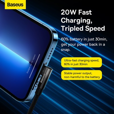 Кабель USB-C BASEUS MVP 2 Elbow-shaped Fast Charging, Type-C - Lightning, 20W, 1 м, черный, угловой Кабель USB-C BASEUS MVP 2 Elbow-shaped Fast Charging, Type-C - Lightning, 20W, 1 м, черный, угловой