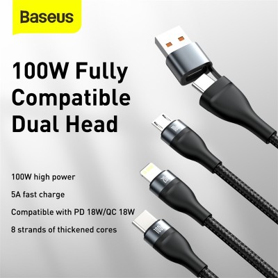 Кабель USB-C BASEUS Flash Series Two-for-three, USB/Type-C - MicroUSB+Type-C+Lightning, 2.4А, 1,2м, серый+черный Кабель USB-C BASEUS Flash Series Two-for-three, USB/Type-C - MicroUSB+Type-C+Lightning, 2.4А, 1,2м, серый+черный