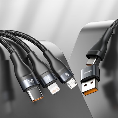 Кабель USB-C BASEUS Flash Series Two-for-three, USB/Type-C - MicroUSB+Type-C+Lightning, 2.4А, 1,2м, серый+черный Кабель USB-C BASEUS Flash Series Two-for-three, USB/Type-C - MicroUSB+Type-C+Lightning, 2.4А, 1,2м, серый+черный