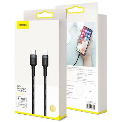 Кабель USB-C BASEUS Cafule, Type-C - Lightning, 2.4А, 18W, 1 м, серый+черный Кабель USB-C BASEUS Cafule, Type-C - Lightning, 2.4А, 18W, 1 м, серый+черный