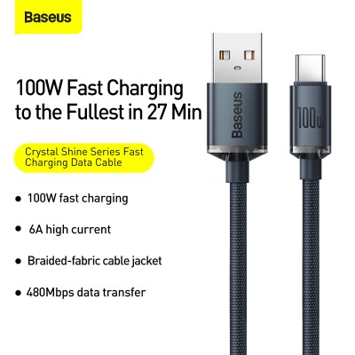 Кабель USB BASEUS Crystal Shine Series Fast Charging, USB - Type-C, 5A, 100W, 1,2м, черный Кабель USB BASEUS Crystal Shine Series Fast Charging, USB - Type-C, 5A, 100W, 1,2м, черный