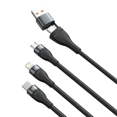 Кабель USB-C BASEUS Flash Series Two-for-three, USB/Type-C - MicroUSB+Type-C+Lightning, 2.4А, 1,2м, серый+черный Кабель USB-C BASEUS Flash Series Two-for-three, USB/Type-C - MicroUSB+Type-C+Lightning, 2.4А, 1,2м, серый+черный