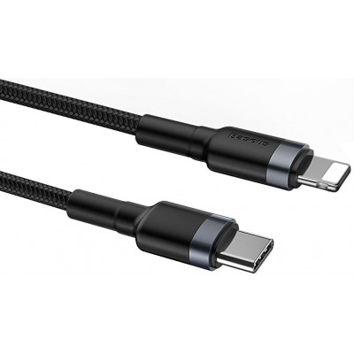 Кабель USB-C BASEUS Cafule, Type-C - Lightning, 2.4А, 18W, 1 м, серый+черный Кабель USB-C BASEUS Cafule, Type-C - Lightning, 2.4А, 18W, 1 м, серый+черный