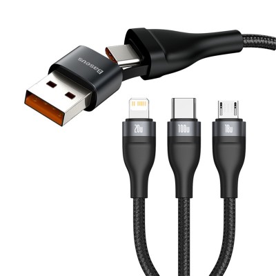 Кабель USB-C BASEUS Flash Series Two-for-three, USB/Type-C - MicroUSB+Type-C+Lightning, 2.4А, 1,2м, серый+черный Кабель USB-C BASEUS Flash Series Two-for-three, USB/Type-C - MicroUSB+Type-C+Lightning, 2.4А, 1,2м, серый+черный
