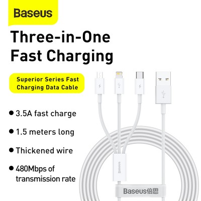 Кабель USB BASEUS Superior Series Fast Charging, USB - MicroUSB+Type-C+Lightning, 3.5A, 1.5 м, белый Кабель USB BASEUS Superior Series Fast Charging, USB - MicroUSB+Type-C+Lightning, 3.5A, 1.5 м, белый