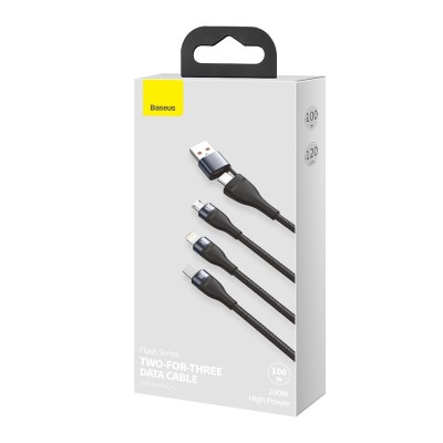 Кабель USB-C BASEUS Flash Series Two-for-three, USB/Type-C - MicroUSB+Type-C+Lightning, 2.4А, 1,2м, серый+черный Кабель USB-C BASEUS Flash Series Two-for-three, USB/Type-C - MicroUSB+Type-C+Lightning, 2.4А, 1,2м, серый+черный