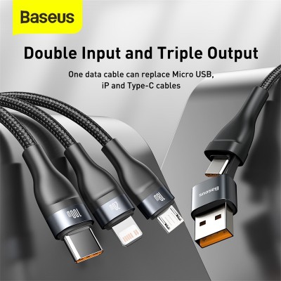 Кабель USB-C BASEUS Flash Series Two-for-three, USB/Type-C - MicroUSB+Type-C+Lightning, 2.4А, 1,2м, серый+черный Кабель USB-C BASEUS Flash Series Two-for-three, USB/Type-C - MicroUSB+Type-C+Lightning, 2.4А, 1,2м, серый+черный