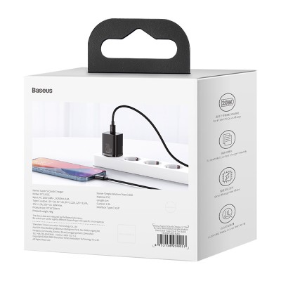 Зарядное устройство BASEUS Super Si USB-C + Кабель Type-C-Lightning, 3A, 20W, черный Зарядное устройство BASEUS Super Si USB-C + Кабель Type-C-Lightning, 3A, 20W, черный