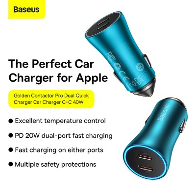 Автомобильное зарядное устройство BASEUS Golden Contactor Max Dual Fast Charger, 2*USB-C, 5A, 40W, синий Автомобильное зарядное устройство BASEUS Golden Contactor Max Dual Fast Charger, 2*USB-C, 5A, 40W, синий