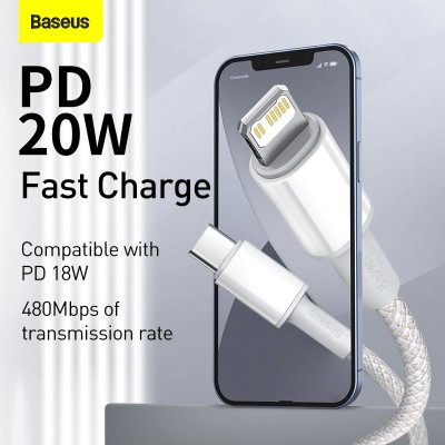Кабель USB-C BASEUS High Density Braided, Type-C - Lightning, 20W, 2 м, белый Кабель USB-C BASEUS High Density Braided, Type-C - Lightning, 20W, 2 м, белый