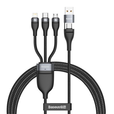 Кабель USB-C BASEUS Flash Series Two-for-three, USB/Type-C - MicroUSB+Type-C+Lightning, 2.4А, 1,2м, серый+черный Кабель USB-C BASEUS Flash Series Two-for-three, USB/Type-C - MicroUSB+Type-C+Lightning, 2.4А, 1,2м, серый+черный