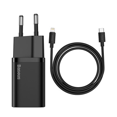 Зарядное устройство BASEUS Super Si USB-C + Кабель Type-C-Lightning, 3A, 20W, черный Зарядное устройство BASEUS Super Si USB-C + Кабель Type-C-Lightning, 3A, 20W, черный