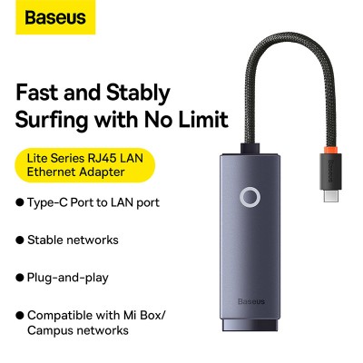 Переходник/Адаптер BASEUS Lite Series Ethernet Adapter (Aluminum Alloy), Type-C - RJ45 (100Mbps), серый Переходник/Адаптер BASEUS Lite Series Ethernet Adapter (Aluminum Alloy), Type-C - RJ45 (100Mbps), серый
