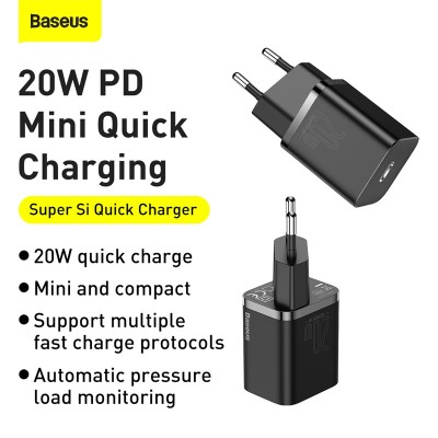 Зарядное устройство BASEUS Super Si USB-C + Кабель Type-C-Lightning, 3A, 20W, черный Зарядное устройство BASEUS Super Si USB-C + Кабель Type-C-Lightning, 3A, 20W, черный
