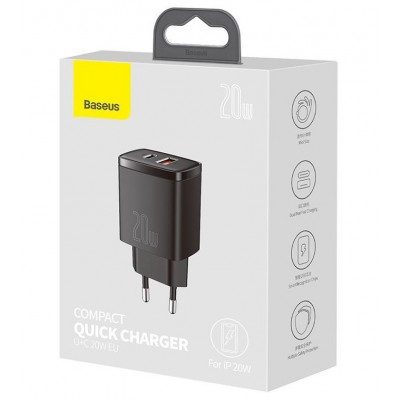 Зарядное устройство BASEUS Compact Quick Charger USB+Type-C, 3A, 20W, черный Зарядное устройство BASEUS Compact Quick Charger USB+Type-C, 3A, 20W, черный