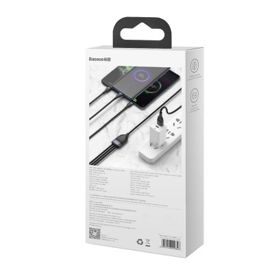 Кабель USB-C BASEUS Flash Series Two-for-three, USB/Type-C - MicroUSB+Type-C+Lightning, 2.4А, 1,2м, серый+черный Кабель USB-C BASEUS Flash Series Two-for-three, USB/Type-C - MicroUSB+Type-C+Lightning, 2.4А, 1,2м, серый+черный