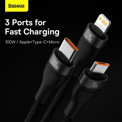 Кабель USB+С BASEUS Flash Series Ⅱ Two-for-three, USB+С - Lightning+MicroUSB+Type-C, 3.5A, 1,2м, черный Кабель USB+С BASEUS Flash Series Ⅱ Two-for-three, USB+С - Lightning+MicroUSB+Type-C, 3.5A, 1,2м, черный