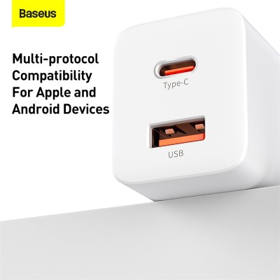 Зарядное устройство BASEUS Super Si Pro USB+Type-C, 3A, 30W, белый Зарядное устройство BASEUS Super Si Pro USB+Type-C, 3A, 30W, белый