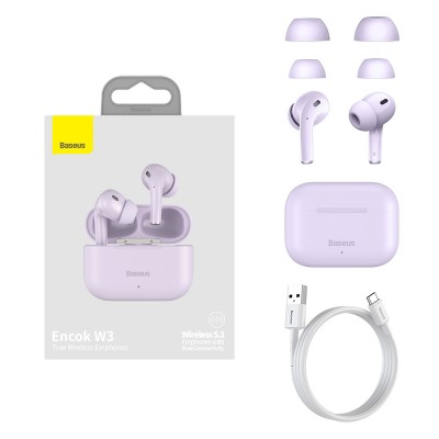 Беспроводные наушники BASEUS Encok W3, Bluetooth, 37 мАч, фиолетовый Беспроводные наушники BASEUS Encok W3, Bluetooth, 37 мАч, фиолетовый