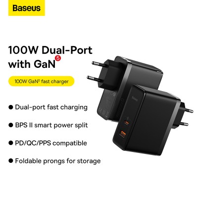 Зарядное устройство BASEUS GaN5 Pro Fast Charger USB+Type-C + Кабель Type-C-Type-C, 5A, 100W, черный Зарядное устройство BASEUS GaN5 Pro Fast Charger USB+Type-C + Кабель Type-C-Type-C, 5A, 100W, черный