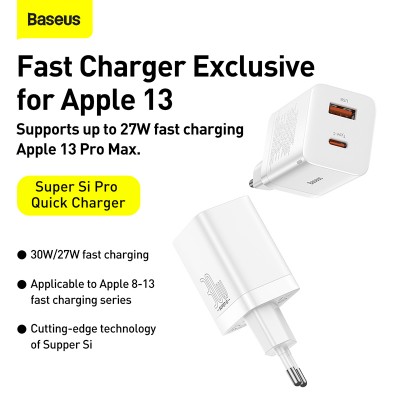 Зарядное устройство BASEUS Super Si Pro USB+Type-C, 3A, 30W, белый Зарядное устройство BASEUS Super Si Pro USB+Type-C, 3A, 30W, белый