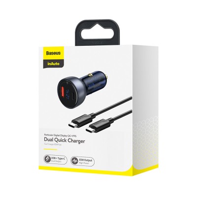 Автомобильное зарядное устройство BASEUS Particular, USB+USB-C + Кабель Type-C-Type-C, 5A, 65W, темно-серый, дисплей Автомобильное зарядное устройство BASEUS Particular, USB+USB-C + Кабель Type-C-Type-C, 5A, 65W, темно-серый, дисплей