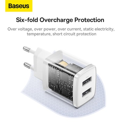 Зарядное устройство BASEUS Compact Charger 2U 2*USB, 2.1A, 10.5W, белый Зарядное устройство BASEUS Compact Charger 2U 2*USB, 2.1A, 10.5W, белый