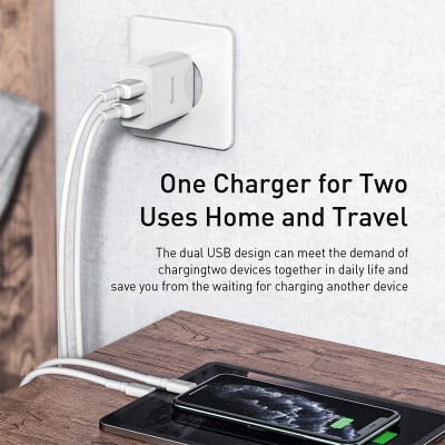 Зарядное устройство BASEUS Speed Mini Dual U Travel 2*USB + Кабель USB-Lightning, 2.1A, 10.5W, белый Зарядное устройство BASEUS Speed Mini Dual U Travel 2*USB + Кабель USB-Lightning, 2.1A, 10.5W, белый