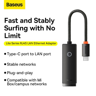 Переходник/Адаптер BASEUS Lite Series Ethernet Adapter, Type-C - RJ45 (100Mbps), черный Переходник/Адаптер BASEUS Lite Series Ethernet Adapter, Type-C - RJ45 (100Mbps), черный