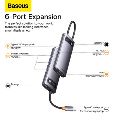 Переходник/Адаптер BASEUS Starjoy Series 6-in-1, Разветвитель, Type-C - 3xUSB3.0+ HDMI+PD+VGA, серый Переходник/Адаптер BASEUS Starjoy Series 6-in-1, Разветвитель, Type-C - 3xUSB3.0+ HDMI+PD+VGA, серый